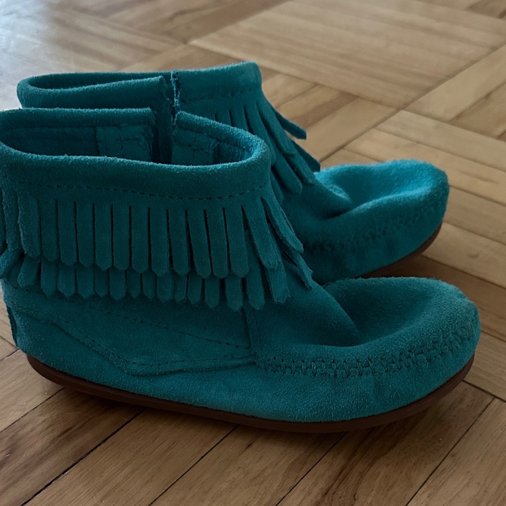 Minnetonka Teal Kids Moccasins with Fringe